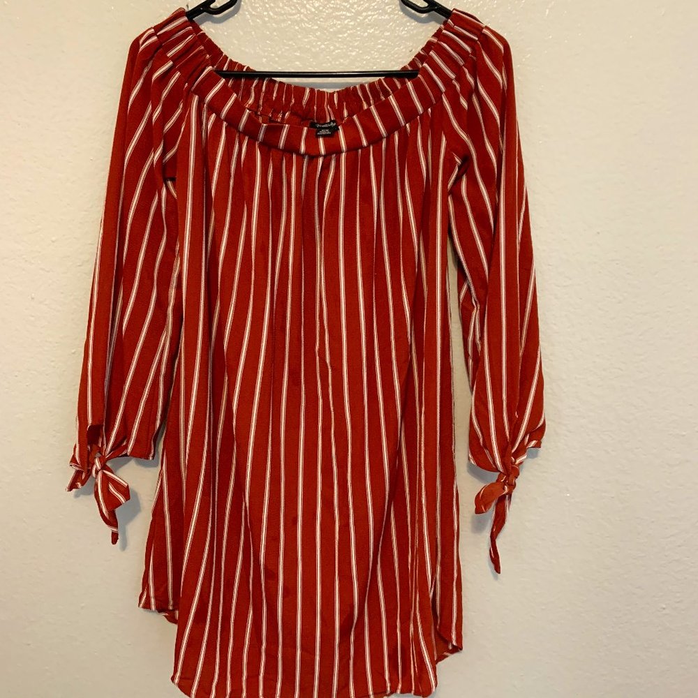 Rust and cream stripped off the shoulder mini-dress